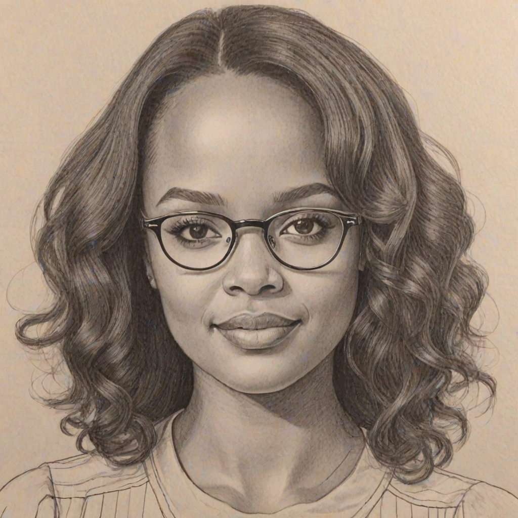 Dazzling Kyla Pratt, pencil sketch, portrait of Fetching woman 1973s in glasses, hair style beatnik, outline, clear lines, fine lines, 8k