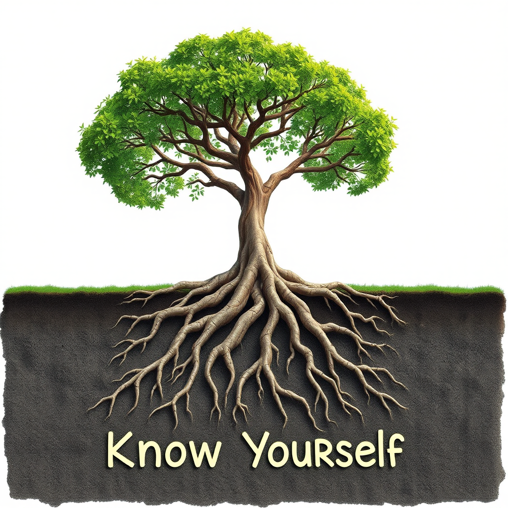 Tree with deep roots: The roots will clearly say "Know Yourself" to represent self-awareness.