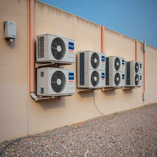 Generate an image of multiple air conditioning units mounted on a wall, with a focus on the texture of the wall and surrounding gravel, shot with a DSLR camera at f/5.6 aperture, ISO 100, 50mm lens, with a shallow depth of field and natural lighting.