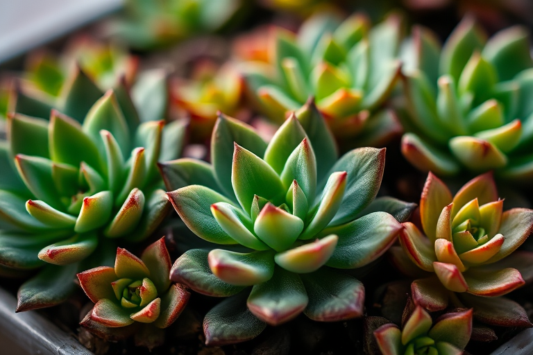 macro shot of succulent plants with rich green leaves, shallow depth of field, f/2.8 aperture, 50mm lens, natural daylight, DSLR camera
