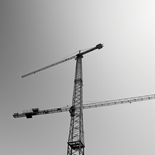 Create a high-resolution black and white image of a construction crane from a low angle, using a Canon EOS R5 with a 24-70mm lens at f/8, ISO 100, 1/200s shutter speed, with a focus on sharp details and contrast.