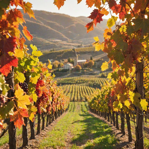 Soft-focus image of a picturesque vineyard in autumn, with grapevines adorned with colorful leaves, soft sunlight illuminating the hills in the background.