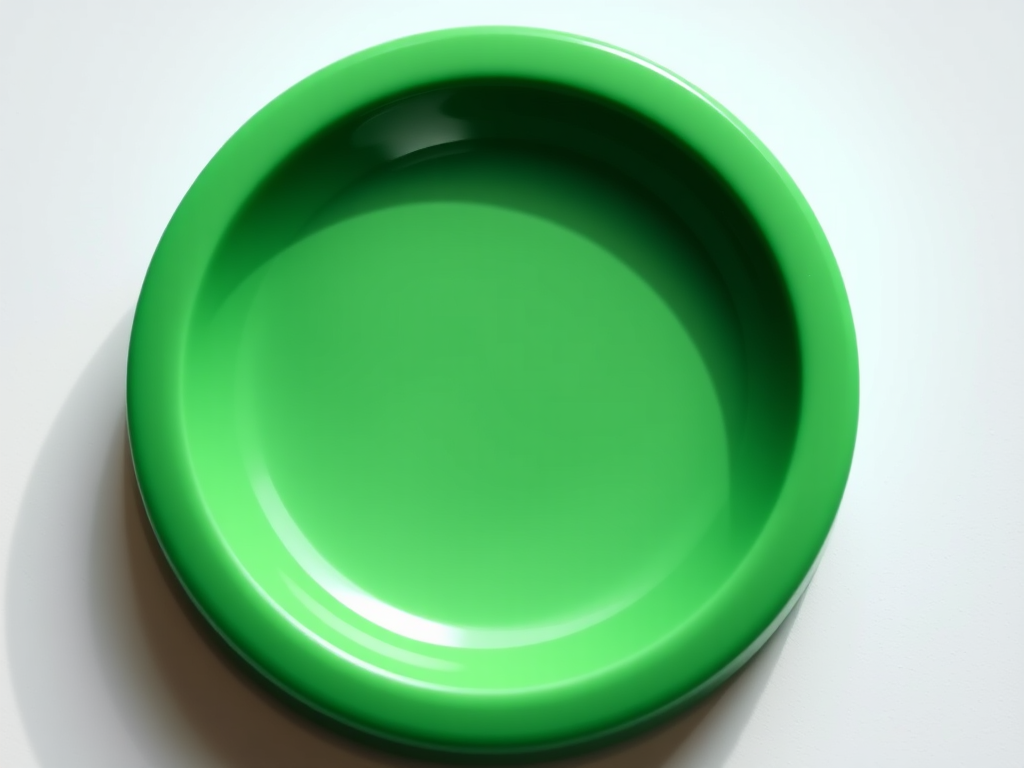 Create a high-resolution image of a glossy green circular button with a smooth surface, soft gradients, and a subtle 3D effect, captured with a Canon EOS R5 at f/2.8, ISO 100, 50mm lens, natural lighting, centered composition.