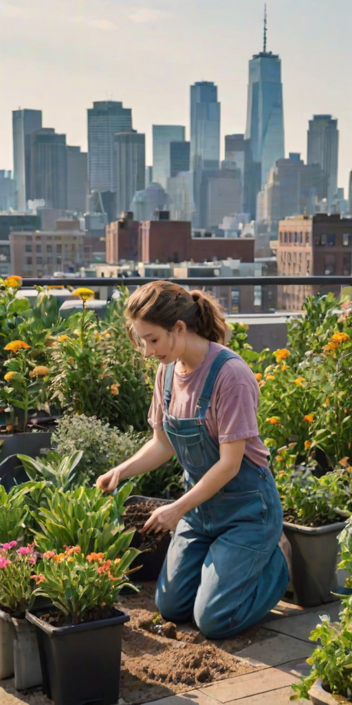 Quiet rooftop garden, with plants and flowers in full bloom, a woman in overalls kneels by a planter, her hands dirty from tending to the soil as the city skyline stretches out behind her.