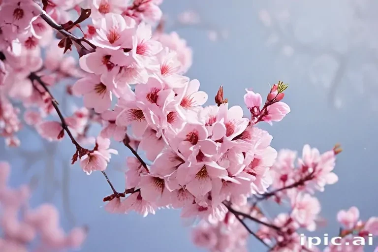 Delicate Cherry Blossom Branch in Full Bloom Against a Clear Sky