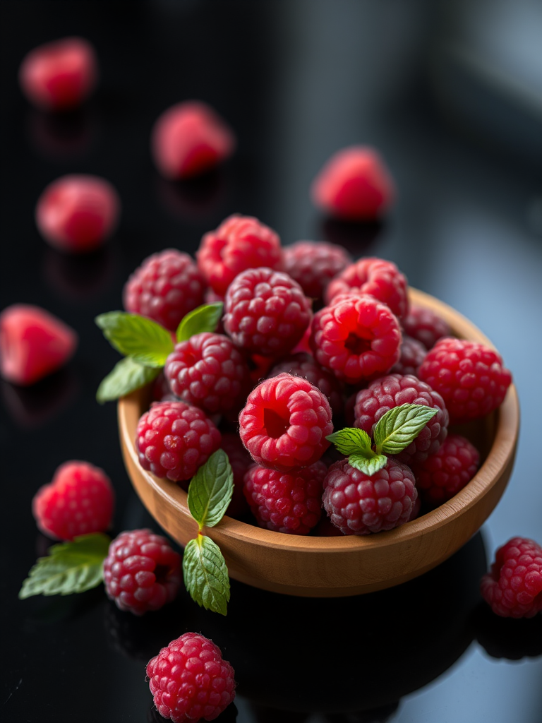 Capture a close-up shot of fresh raspberries arranged in a wooden bowl on a reflective black surface, using a Canon EOS R5 camera with a 50mm f/1.2 lens, aperture set to f/2.8 for shallow depth of field, ISO 100, shutter speed 1/200 sec, natural soft lighting to enhance colors and texture.