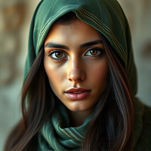 Create a portrait of a young Middle Eastern woman with long, dark hair and captivating hazel eyes. She is wearing a green headscarf and a matching scarf draped gracefully around her neck. The background is softly blurred, focusing attention on her serene and natural expression. The overall color palette is muted and warm, enhancing the intimate and authentic feel of the portrait.