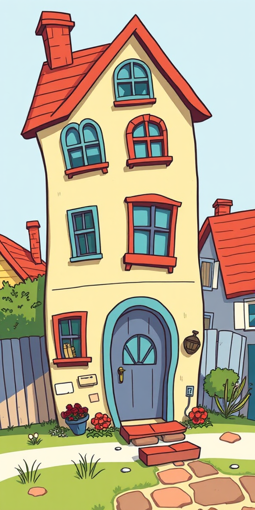 Create a whimsical illustration of a quirky, tilted house with unique window designs and an arched door, using a vibrant color palette and a digital art style, capturing the scene with a 50mm lens at f/8, ISO 100, in natural light.