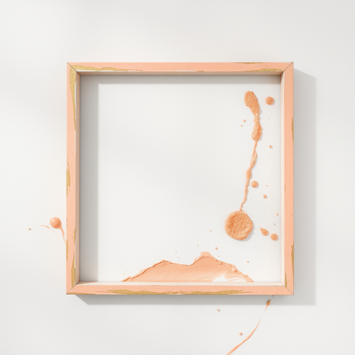 create a high-resolution image of a square frame with splashes of peach and gold paint, use a 50mm lens, f/2.8 aperture, ISO 100, captured from a flat lay perspective, with soft, diffused lighting to enhance the texture and color vibrancy