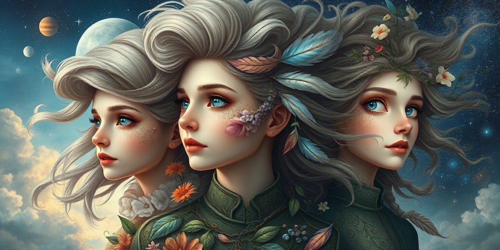 Create a series of imaginative portraits where each subject is infused with elements of fantasy and nature. The hair of the individuals should flow like clouds, varying from soft, fluffy cumulus to wispy cirrus strands, with hints of color reflecting a sunset or a clear blue sky. The eyes should be windows to entire galaxies, with stars, nebulae, and distant planets visible within them. Clothing should be adorned with nature motifs, such as floral patterns that bloom and change, vines that seem to grow and wrap around, or feathers that shimmer with iridescence. Each portrait should capture a unique personality, blending human features with the ethereal beauty of the natural and cosmic world. The backgrounds can vary, from starry night skies to enchanted forests, adding depth and context to the magical realism of the portraits