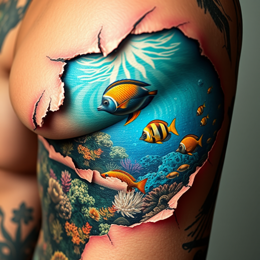 Hyper-realistic 3D tattoo entitled "Living Canvas" depicting a trompe l'oeil effect of torn or peeled skin revealing a vivid underwater scene beneath complete with coral reefs tropical fish and shimmering water rendered in exquisite detail with advanced shading techniques creating the illusion of depth and texture so lifelike it appears as if the skin has truly been transformed into a window to another world