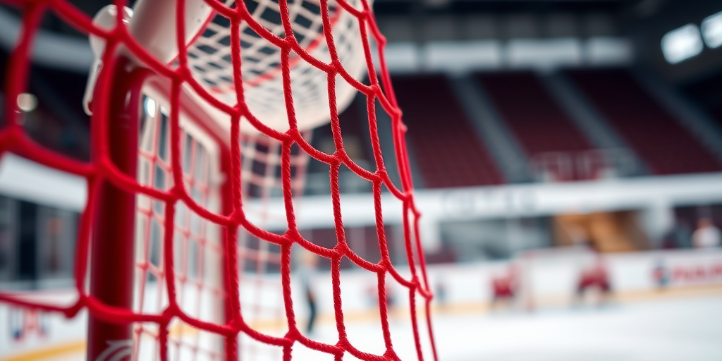 capture a close-up of a red hockey goal net with a shallow depth of field to blur the background, use a DSLR camera with a 50mm lens, aperture at f/2.8 for sharp focus on the net, ISO 200, and a shutter speed of 1/250s, natural indoor lighting
