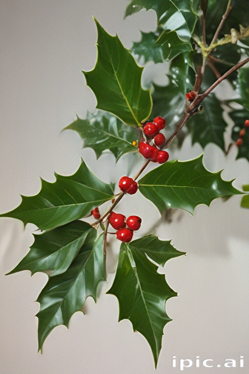 Vibrant Holly Branch with Glossy Green Leaves and Bright Red Berries