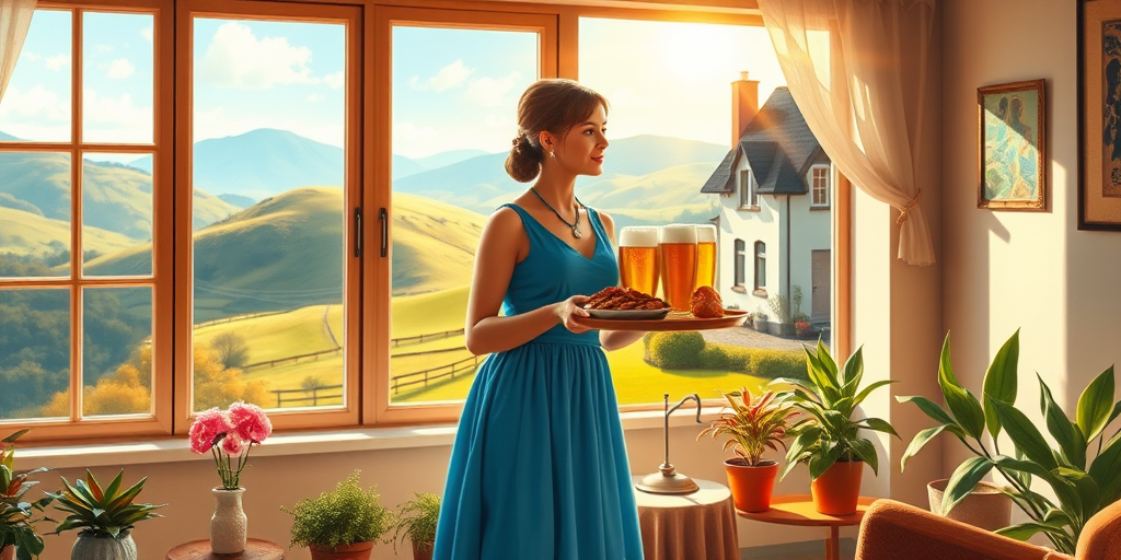 In "A Glass of Beer on the Highland," a serene scene is depicted in a sunlit room where a woman in a vibrant blue dress stands by a large window. She holds a tray with a hearty meal and a frothy glass of beer, embodying a moment of relaxation. Outside, the breathtaking highland landscape features rolling green hills and a charming traditional house, all bathed in warm afternoon light. The interior is adorned with potted plants, creating a harmonious blend of comfort and nature. The painting beautifully captures the tranquility and joy found in simple pleasures amidst stunning scenery