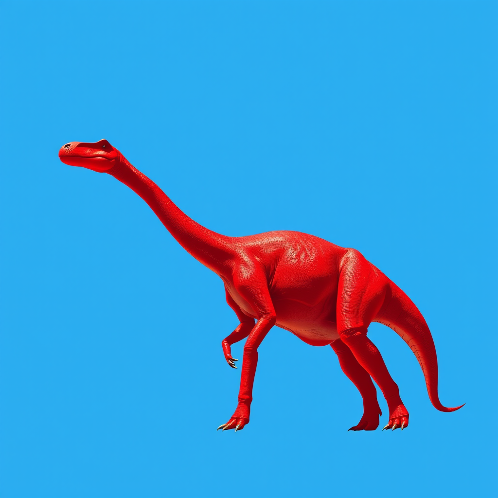 Create a vibrant illustration of a long-necked dinosaur in red against a clear blue background, using a DSLR camera with a 50mm lens, aperture set to f/2.8, ISO 100, shot from a low angle to emphasize height and depth of field.