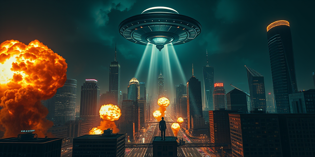 Create a high-resolution digital artwork of a futuristic cityscape at night, featuring a large UFO descending from the sky, beams of light illuminating a person being abducted, explosions in the city streets, with skyscrapers surrounding the scene, use a Canon EOS R5 with a 24-70mm f/2.8 lens, ISO 100, aperture f/8, shutter speed 1/200s, wide-angle view, high dynamic range style.