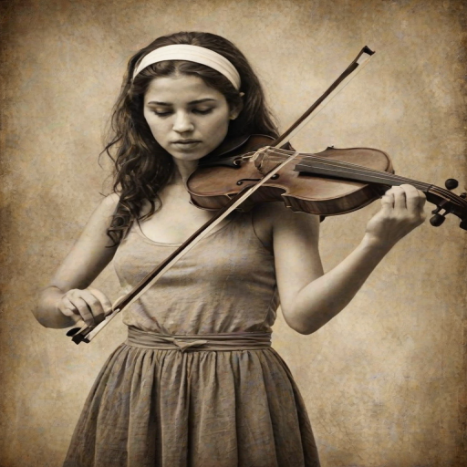a young Mizrahi woman with a white headband playing a violin, in the style of a charcoal drawing, sepia grunge background