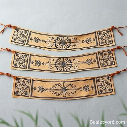 Create a high-resolution image of decorative vintage banners with intricate patterns, using a DSLR camera with a 50mm lens, aperture f/2.8, ISO 100, shot in macro mode and top-down view to capture fine details against a soft gray background.