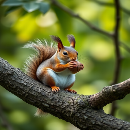 squirrel sitting on a tree branch holding a nut, captured with a Canon EOS R5, 85mm f/1.2 lens, aperture at f/2.8, ISO 200, natural light, shallow depth of field, focus on the squirrel with a blurred background