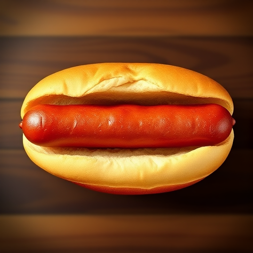 Create a high-resolution digital illustration of a classic hot dog with a shiny brown bun and a smooth sausage, using a DSLR camera with an aperture of f/2.8, ISO 100, and a focal length of 50mm, shot from a top-down view with a soft-focus background to enhance the subject.