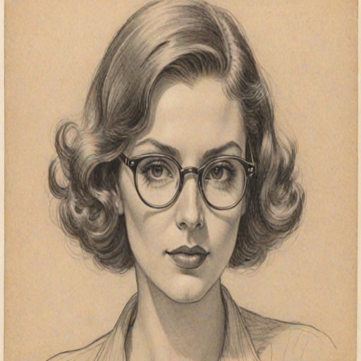 Exquisite Dixie D'Amelio, pencil sketch, portrait of Bewitching woman 1936s in glasses, hair style beatnik, outline, clear lines, fine lines, 8k