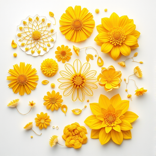 Generate a high-resolution image of various ornate yellow floral and abstract designs arranged artistically on a white background, captured with a Canon EOS 5D Mark IV, 50mm lens, f/2.8 aperture, ISO 100, soft lighting for enhanced detail.