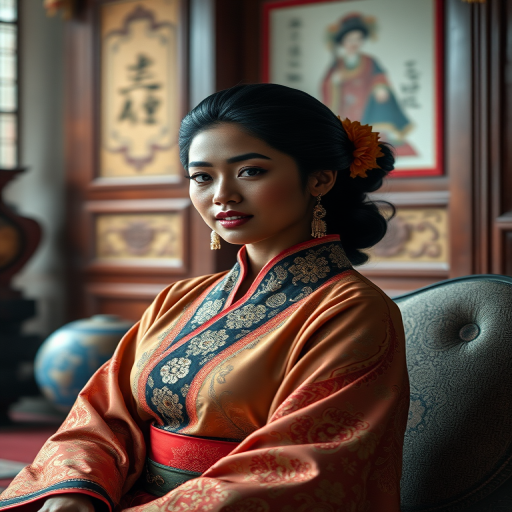 A beautiful Afro-Caribbean woman in traditional East Asian attire, intricately detailed with embroidered patterns, sitting gracefully in a richly decorated room, soft ambient lighting, serene and elegant, ultra-realistic, 8K resolution