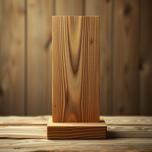 Create a highly detailed illustration of a wooden plank standing upright with visible wood grain texture, placed on a sturdy base, under soft diffused lighting, shot with a DSLR camera at f/2.8 aperture, 50mm lens, with a shallow depth of field to focus on the plank while blurring the background.