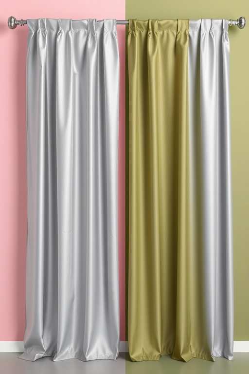 create a realistic render of a silver curtain hanging with neat folds against a background divided into soft pink and olive green sections