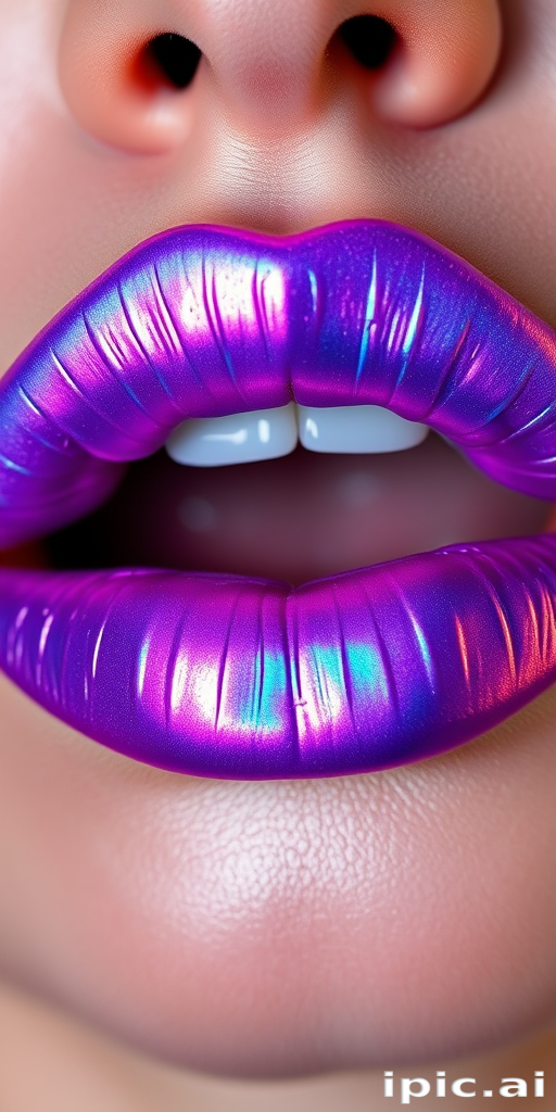 Holographic iridescent lips shifting from lavender to blue, named "Cosmic Kiss," showcase a futuristic sheen and plump appearance for an otherworldly effect