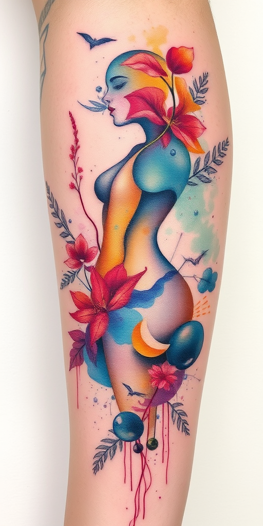 Surrealist watercolor tattoo dubbed "Dreamscape Fusion" blending elements of nature and the human form in a fluid, dreamlike composition, with soft washes of pastel colors melting into each other and morphing recognizable objects into fantastical new creations, perfect for those who appreciate abstract and thought-provoking art