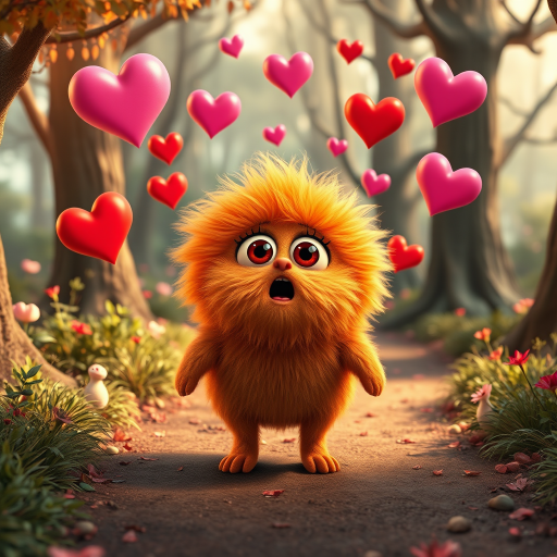 A fluffy orange creature with large eyes and a wide open mouth stands on a path in a whimsical forest, bright pink and red hearts float through the air, the creature has a surprised expression, the light is warm and soft, photorealistic, digital art, 3D style