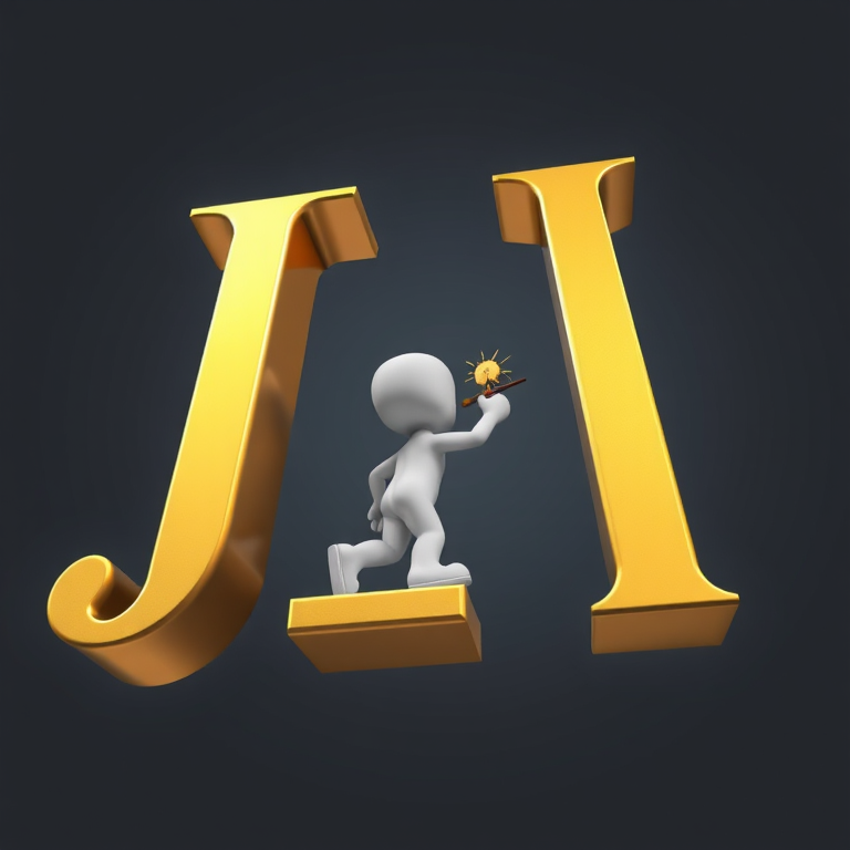 Create a 3D illustration of a gold letter "J" with a small white character painting it, use a Canon EOS R5 camera, 50mm lens, f/1.8 aperture, ISO 100, natural lighting, 3-point perspective view.