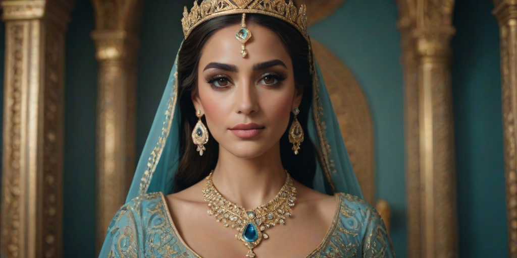 A gorgeous Coptic woman in a luxurious cyan gown, accessorized with a dazzling tiara and statement earrings, her deep Yellow eyes highlighted by impeccable makeup, poised in a royal setting, photorealistic, 8K quality