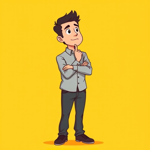 Create a cartoon-style illustration of a man standing thoughtfully with one hand on his chin, wearing a light grey shirt and dark grey pants, against a bright yellow background, captured with a DSLR camera at f/5.6 aperture, 50mm lens, shot in portrait orientation for depth and clarity.