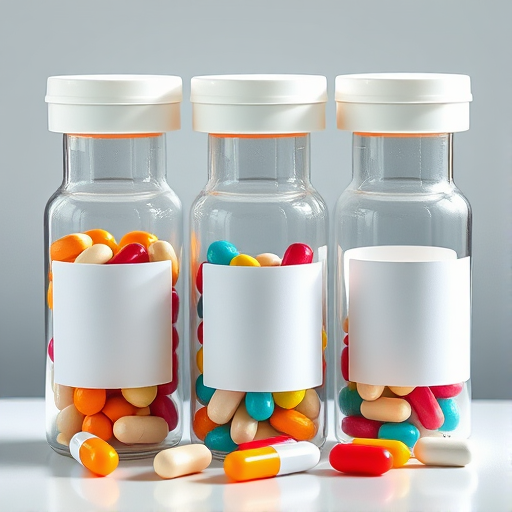 Create a high-resolution image of three glass prescription bottles filled with colorful tablets, with the labels blank, using a Canon EOS R5 camera, 50mm lens, f/2.8 aperture, ISO 100, 1/125s shutter speed, soft natural lighting, and a slight top-down view to capture the details of the tablets.
