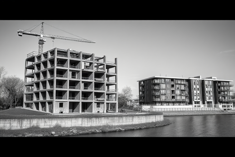 Regenerate a black and white image of a partially constructed building next to modern architecture along a river, captured with a Canon EOS 5D Mark IV, ISO 100, f/8, 1/250 sec, landscape view, sharp focus, high contrast, and fine grain.