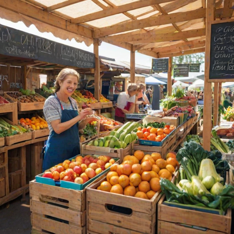 Crisp, detailed photo of a farmer's market stall, bright, colorful fruits and vegetables neatly arranged in wooden crates, a vendor smiling behind the counter, sunlight streaming through a canopy, customers holding reusable bags, soft chatter in the background, price signs handwritten on chalkboards.