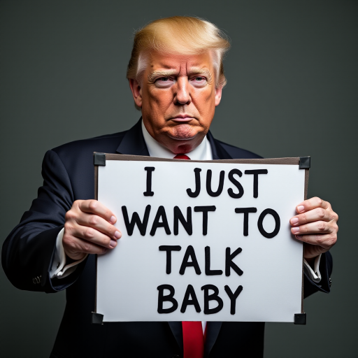 a photo of donald trump holding a sign board with a text "i just want to talk baby"