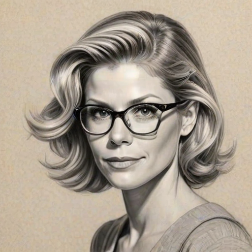 Resplendent Julie Bowen, pencil sketch, portrait of Comely woman 1946s in glasses, hair style beatnik, outline, clear lines, fine lines, 8k