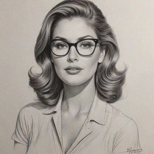 Sublime Daisy Fuentes, pencil sketch, portrait of Graceful woman 1953s in glasses, hair style beatnik, outline, clear lines, fine lines, 8k