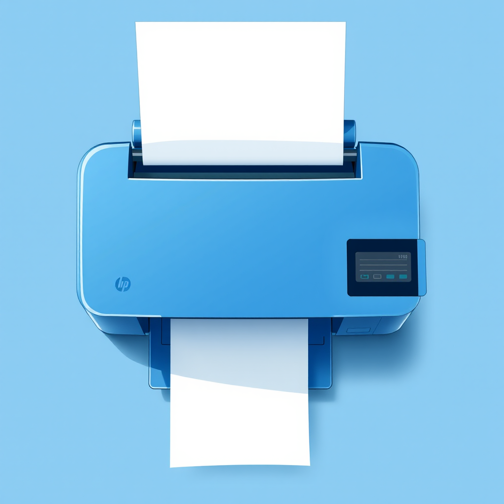 create a high-resolution illustration of a blue printer with a roll of paper emerging, using a Canon EOS 5D Mark IV camera, aperture set to f/8, ISO 100, 50mm lens, in a top-down view, with soft lighting for enhanced clarity and detail.