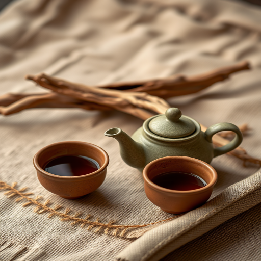 a rustic tea setup featuring a small teapot and two clay cups on a textured fabric background with a piece of driftwood, captured using a Canon EOS R5, 50mm lens, aperture f/1.8, ISO 100, natural light, shallow depth of field