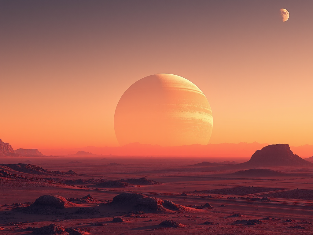 create a stunning alien landscape with a large gas giant planet and a smaller moon in the sky, warm orange and pink hues, high-resolution details, captured with a DSLR camera, f/8 aperture, ISO 100, 24mm focal length, wide-angle view for expansive depth, soft lighting for a dreamy atmosphere