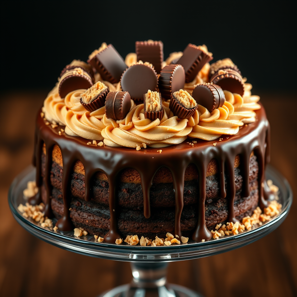 Create an image of a luxurious layered cake with a chocolate ganache drip. The cake should be decorated with swirls of peanut butter frosting and topped with peanut butter cups. Add a sprinkle of crushed peanut butter candy around the top for added texture and detail. The cake should be presented on a cake stand, with a focus on rich, indulgent textures and colors.
