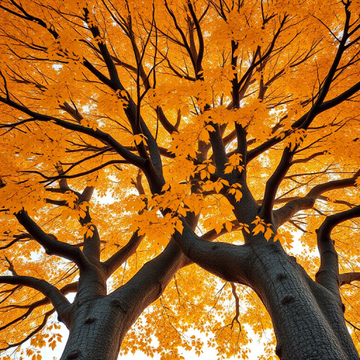 Generate a highly detailed 3D rendering of two intertwined trees with golden leaves, using a DSLR camera with a 50mm lens, aperture set to f/1.8, ISO 200, shot from a low angle to emphasize height and detail, using HDR imaging for enhanced colors and textures.