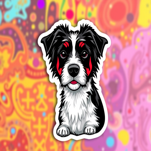 imagine sticker, 3D black and white rottle dog breed, colorful background