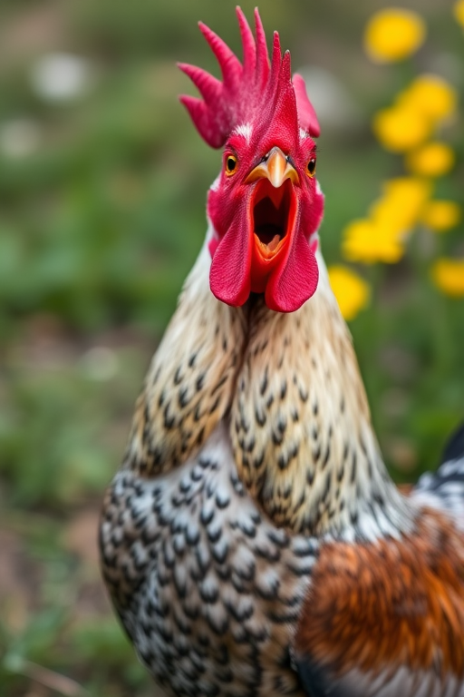 A close-up shot of a speckled rooster crowing, with a shallow depth of field to blur the background grass and yellow flowers, shot with a DSLR camera at f/2.8, 1/200s shutter speed, ISO 200, using a 50mm lens for sharp detail and vibrant colors.