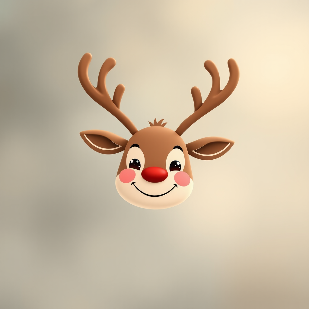Create a cute cartoon reindeer head with a happy expression and prominent antlers, using a soft color palette on a transparent background, captured with a Canon EOS R, 50mm lens, f/1.8 aperture, ISO 100, natural lighting, and a shallow depth of field for a smooth background.