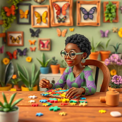 A vibrant and whimsical illustration of an african american woman sitting at a table working on a colorful jigsaw puzzle. she is wearing round glasses, and patterned clothing in shades of purple and green.  The background features an eclectic collection of framed butterflies, potted plants, and other natural elements, creating a warm and inviting atmosphere. The style is playful and modern, with rich textures, intricate details, and a lively color palette.